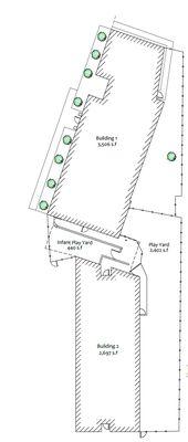 Basic Site plan with building outlines and landscaping features.