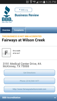 Fairways is rated "F" on the Better Business Bureau for failure to respond to complaints regarding billing issues.