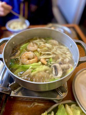 Suki Soup - Beef broth hot pot with veggies and shrimp! Omggggg sooooo delish!!