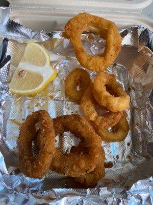 Obviously frozen Calamari! But what's worse is the 2-3 different types. Oily and overcooked