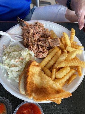 Pulled pork, cole slaw, fries.