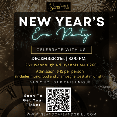 Celebrate with us as we welcome the New Year of 2024 on Dec 31st at 8PM. Get your tickets at islandcafeandgrill.com and learn more