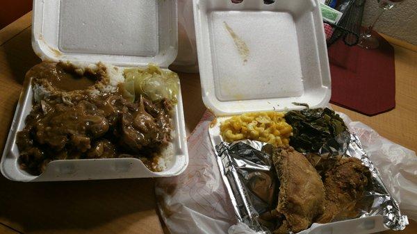 Oxtail with gravy rice and cabbage Fried leg and thigh with Mac cheese and greens