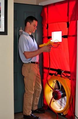 Efficiency Revolution includes an air leakage test with a "blower door" in most energy audits. This test measures and locates air leaks.