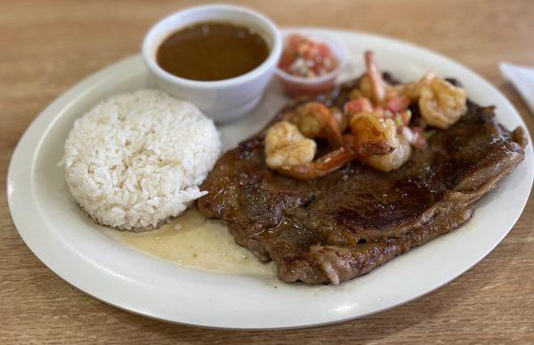 $25.37 Steak and Shrimp w/ two sides rice and pinto beans