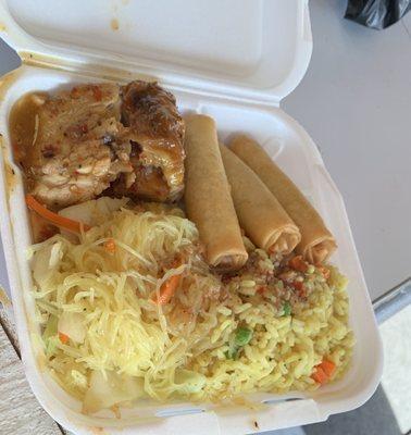 Sweet chili chicken, pancit, lumpia, and fried rice