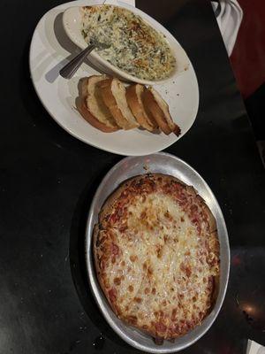 Rockefeller Spinach Artichoke Dip and cheese pizza.