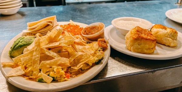 Our famous "migas skillet" and a classic side of biscuits and gravy