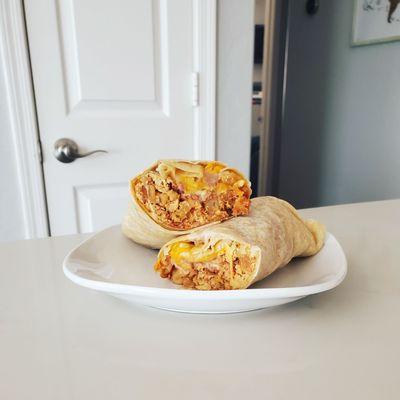 Chorizo breakfast burrito with beans added