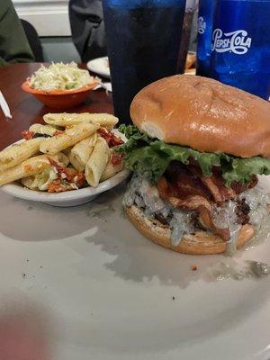 Blue Cheese Burger W/ Bacon added on and Pasta Salad (so good)