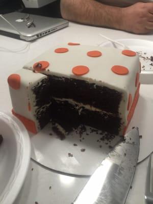 Chocolate cake with vanilla frosting covered in white fondant with orange polka dots