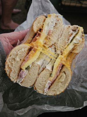 Egg, ham and cheddar surg jalapeno smear