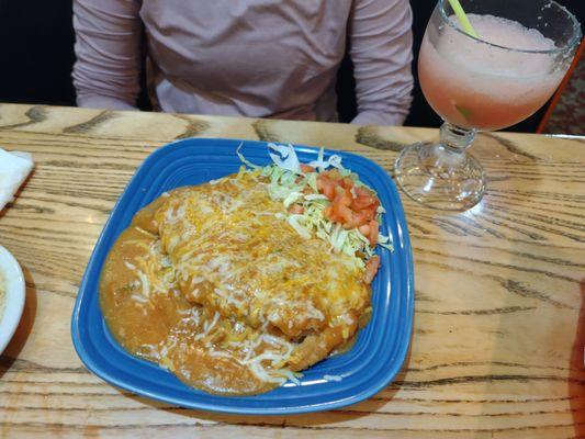 Huge stuffed sopapilla with carnitas, and raspberry coin marg