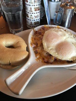 Skillet with ham and onions and eggs over easy!