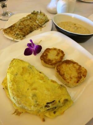 omelet hash brown biscuit and oatmeal!