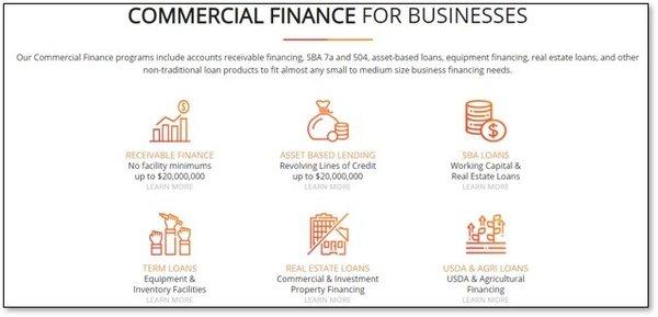 Commercial Finance for Businesses. Receivable Finance, Asset Based Lending, SBA Loans, Team Loans, Real Estate Loans and USDA & AGRI Loans.