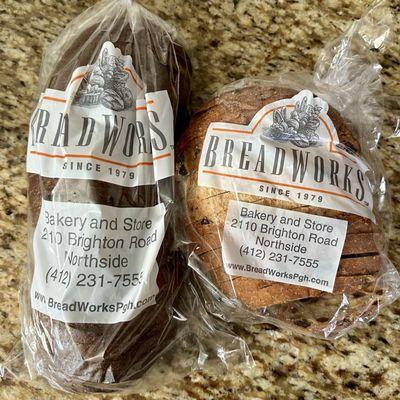 Pumpernickel and rustic-raisin breads