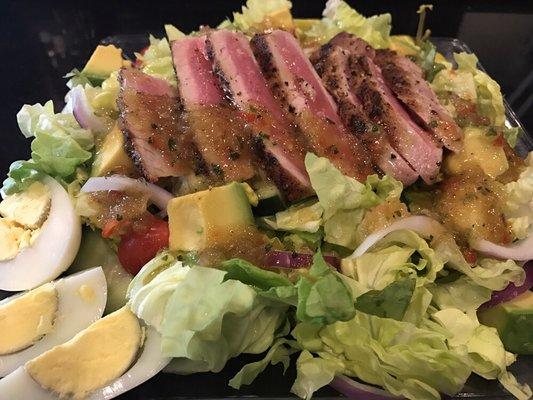 Seared Ahi Tuna Salad with Pineapple Cilantro Vinagrette, Toasted Almonds, Avacado, Red Onion, Tomato, Boiled Egg