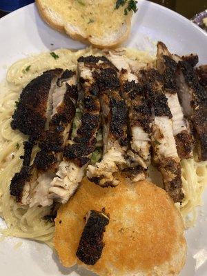 Blackened Chicken Pasta with angel hair and Alfredo sauce YUM YUM YUMMY