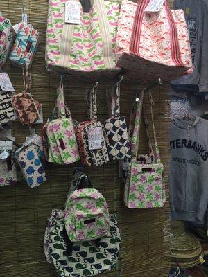 Cute bags and totes in whimsical fabrics.