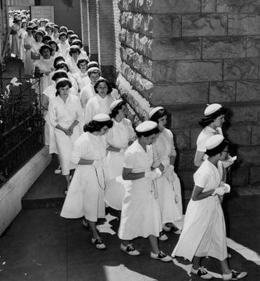 1954: Notre Dame High School, San Jose: "Four hundred fifty girls troop into St. Mary's Church. Mercury News