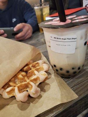 Strawberry mochi waffle and brown sugar boba