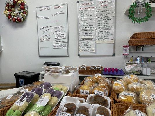 Daily Specials and everyday menu items behind pile of freshly made goodies