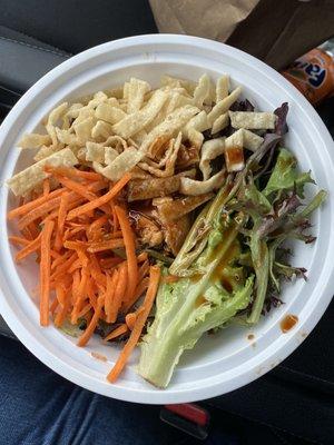 Roasted Chicken salad with carrots, wonton chips, and sweet teriyaki sauce