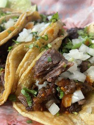 Amazing cheek taco the tripe was good but could be crispier asada cooked perfectly maybe a little under seasoned compared to cheek