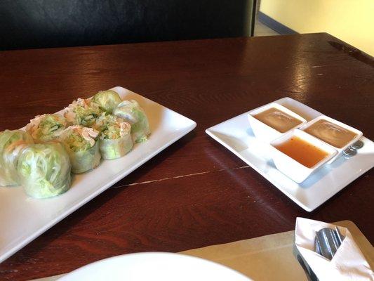 Chicken spring roll with pineapple sauce and peanut sauce! Yummy!