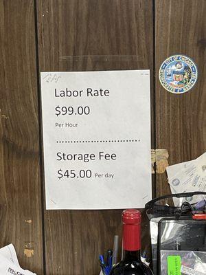 Current labor rate and storage fee