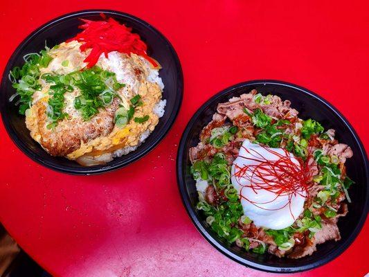 Pork katsu Donburi -pork was a bit dry  Washu gyu donbur with poached egg