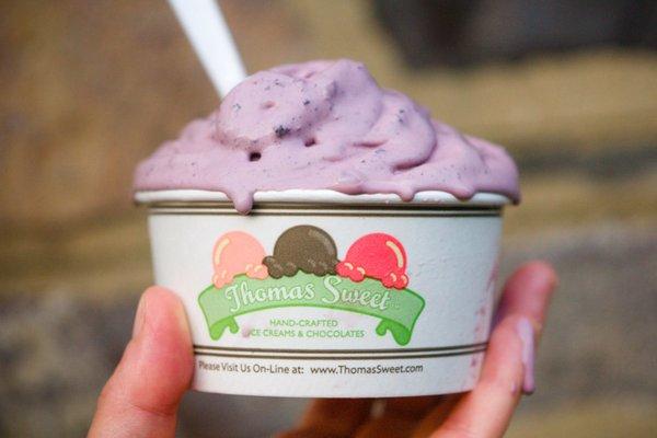 Delicious raspberry ice cream with a blueberry blend in!