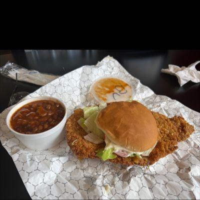 Breaded pork tenderloin & a side of homemade baked beans.