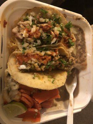 tacos with chicken rice(under tacos) and beans