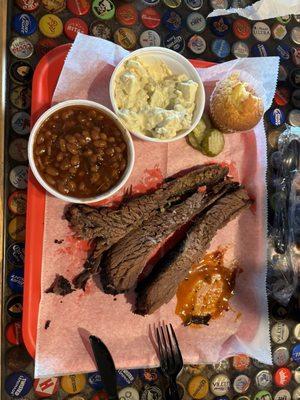 Brisket plate with beans and potato salad.