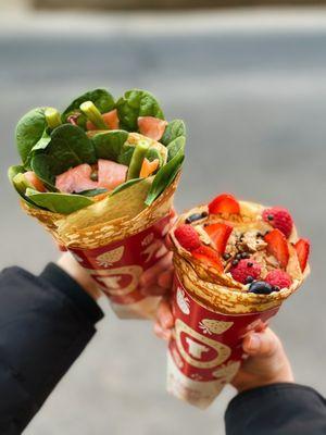 Smoked Salmon crepe (left) and Wild Berries crepe (right)