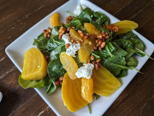 Roasted Golden Beet & Orange Supreme Salad |  9
baby spinach * red chile candied piñon * goat cheese * citrus vinaigrette