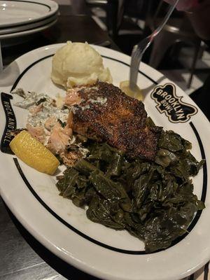 Blackened Salmon, Collard Greens & Mashed Potatoes.