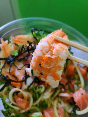 The shrimp in my zucchini bowl - not a fan of the butterfly cut.