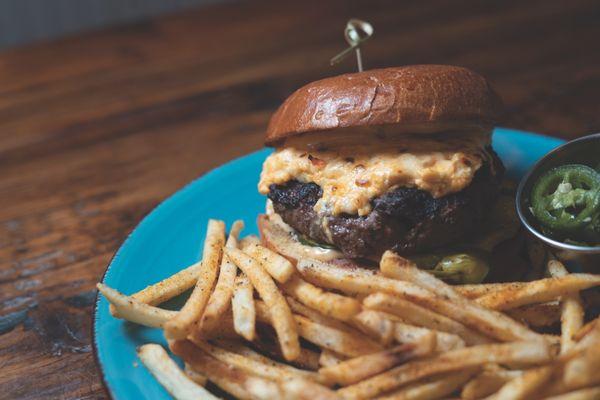 Pimento Burger With Cajun Fries & cowboy candy