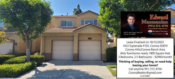 Just finalized the lease on this Townhome in the Corona Hills/Corona Ranch area for $2900/month!  

CoronaRealtor@gmail.com  951-313-4750