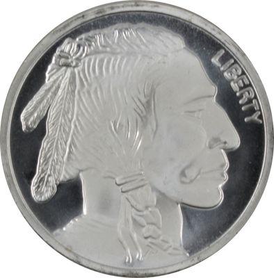 1 oz. Silver Round, Buffalo Design with Native American.  .999 Fine Silver