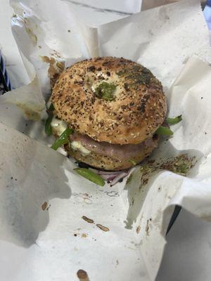 The fancy bagel with the everything bagel and pesto