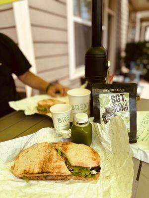 Roast beef sandwich on sourdough, fresh pressed juice and organic fair trade coffee (already drank)