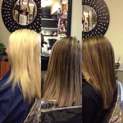 Corrective color going from blonde back to brown with some balayage  blondes