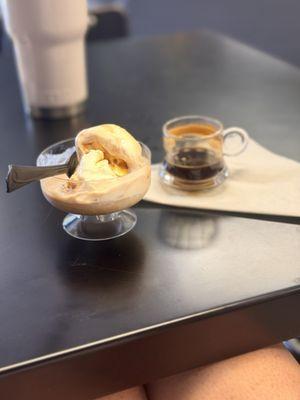 Scoop of butter pecan Ice cream with a shot of Cuban espresso on the side