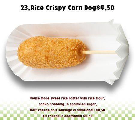 100% Beef sausage.
House made rice flour batter coated with panko & sprinkled sugar.
Served with ketchup & mustard.