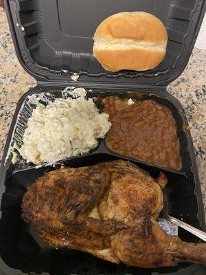 1/2 chicken dinner with potato salad and baked beans