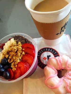 Acai bowl, double strawberry donut with strong cup of Joe!